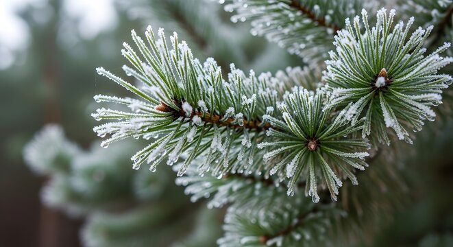 A close-up view of a frosted pine branch, capturing the intricate ice crystals on the needles of the tree.