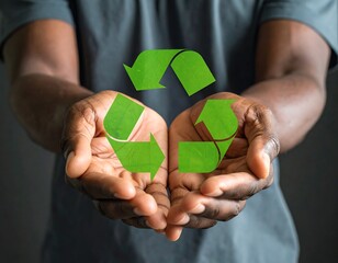 Dark-skinned hands cupping a green leaf-based recycling symbol