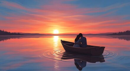 A serene embrace in a rowboat, bathed in the soft glow of the setting sun, painting the sky with warmth.