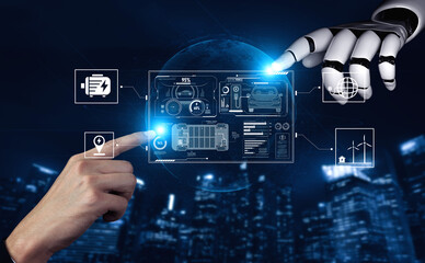 AI-Assisted Electric Vehicle and Energy Management System. Smart interface showing electric vehicle performance, battery system, and integration with renewable and grid-based energy sources Vouch
