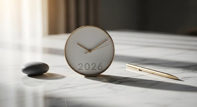 Elegant clock set to 2026 with a stone and gold pen, bathed in soft light on a marble surface evokes serenity.