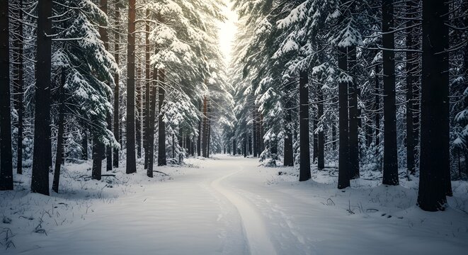 A snow-covered path winds through a serene forest, sunlight filters through tall trees for a scenic winter.
