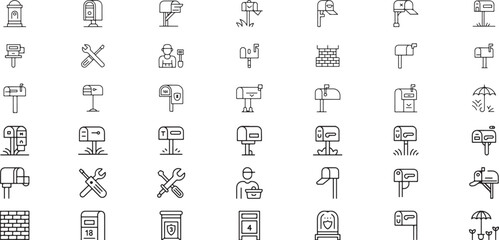Diverse collection of mailbox line icons, showcasing various designs and styles in a grid layout. Ideal for visual communication and design