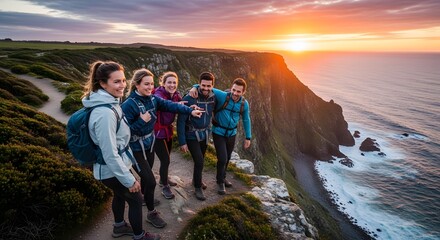 A group of friends pauses on a cliffside hike at sunset, enjoying the view and each other's company.