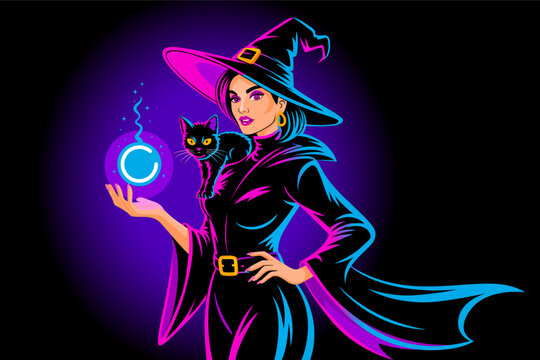 Witch character. Sorcerer cartoon. Girl illustrations in halloween witch hat. Halloween woman in witch costume. Halloween theme design for poster, banner, card, t-shirt, party invitation and decoratio - Powered by Adobe