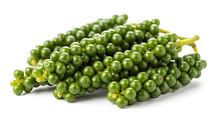 Fresh green peppercorns isolated on white background, aromatic unripe spice with mild pepper flavor.