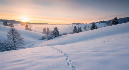 Experience the tranquility of winter with this stunning landscape featuring fresh snow, evergreen trees, and a breathtaking sunrise perfect for holiday cards or winter promotions