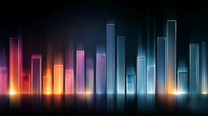 Dynamic abstract bar graph with vibrant neon lights reflecting on a dark, sleek surface, representing financial growth and technological advancement.