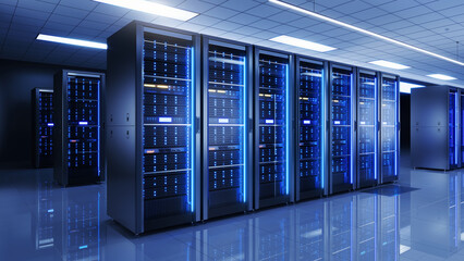 Server racks in server room data center - Cloud Computing, Artificial Intelligence, Database Concept 