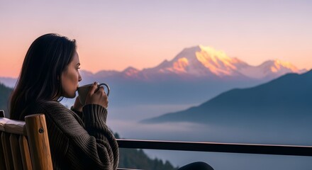 Fototapeta premium Serene mountain view with a woman enjoying a beverage at sunrise, wrapped in cozy warmth and peaceful solitude.