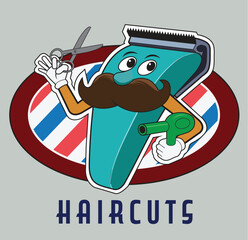 A cartoon barber prepares to cut hair.