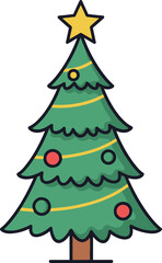 A simple hand drawn cartoon christmas tree adorned with colorful ornaments and a bright yellow star topper