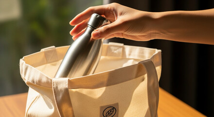 hand placing reusable metal bottle into eco tote bag, sustainability theme, soft natural light