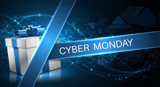 Gift box with blue ribbon and cyber monday text on digital background. Online shopping and discount concept for holiday sale.