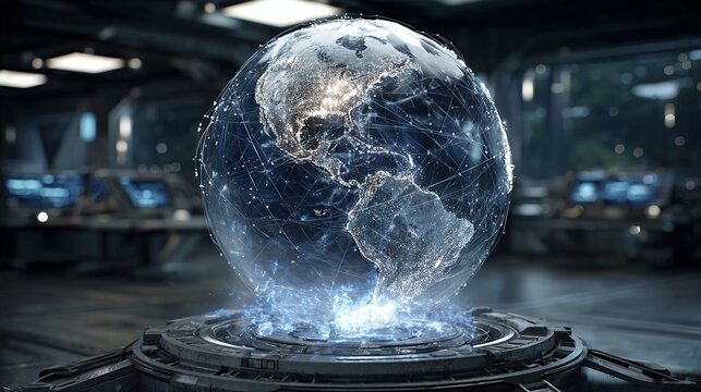 Holographic globe projection dark control room displays detailed map of Earth, showcasing illuminated continents and network connections. futuristic setting evokes sense of advanced technology