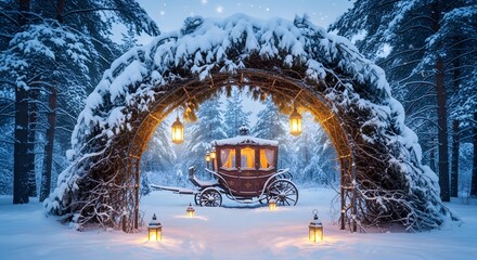 A vintage carriage sits under an archway of snow-laden branches in a serene, lantern-lit winter scene.