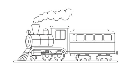 Simple black and white illustration of a vintage steam locomotive train