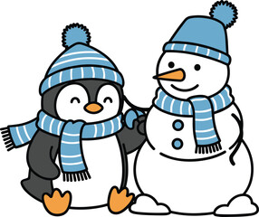 Adorable cartoon penguin and snowman friends sharing winter joy in matching blue hats and scarves