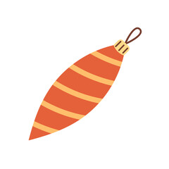Vector illustration of cute vintage elongated red Christmas ornament with yellow stripes. Classic festive bauble for winter tree decoration, holiday cards, and retro seasonal design.