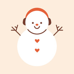 Vector illustration of cute smiling snowman with earmuffs, carrot nose, stick arms, and heart shaped buttons. Cute winter holiday character for Christmas, cheerful decor, greeting cards designs.