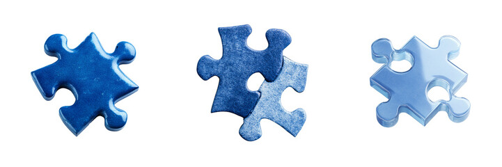 Obraz premium Set of Interlocking blue puzzle pieces arranged in a clean pattern symbolizing unity and teamwork on transparent png background. Ai generated