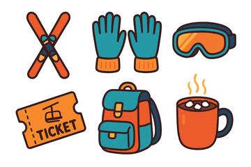 Winter sports essentials for a fun day on the slopes. Set of 6 Christmas vector illustration