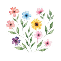 Whimsical watercolor flower arrangement delicate blooms and greenery art print isolated on transparent background