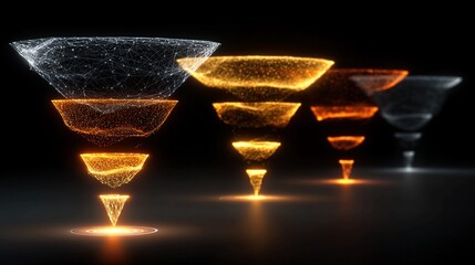 Visualize dynamic data flow and digital transformation with glowing abstract funnel graphics symbolizing process and analytics