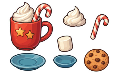Warm beverage with marshmallow and candy cane for winter treat. Set of 6 Christmas vector illustration