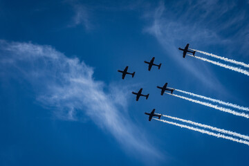 planes flying in formation in blue sky