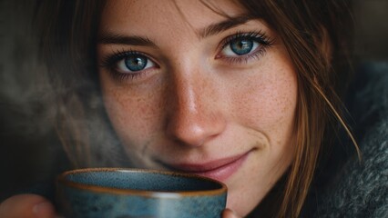 Ritual Matinal Aconchegante: Mulher sorrindo suavemente enquanto segura uma caneca fumegante, transmitindo paz e calma.
