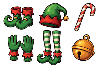 Festive elf costume elements for holiday celebration design. Set of 6 Christmas vector illustration