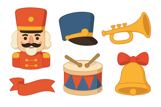 Christmas nutcracker celebration theme with festive elements. Set of 6 Christmas vector illustration
