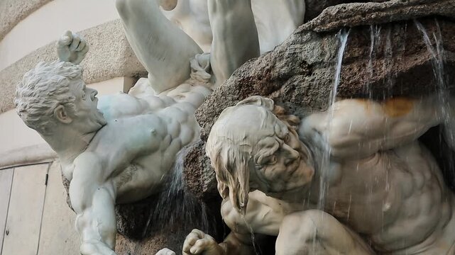 Detail of the Albrechtsbrunnen (Albrecht Fountain) in Vienna, featuring dynamic white marble sculptures of mythical figures and an eagle. A prominent landmark at the Hofburg Palace.

