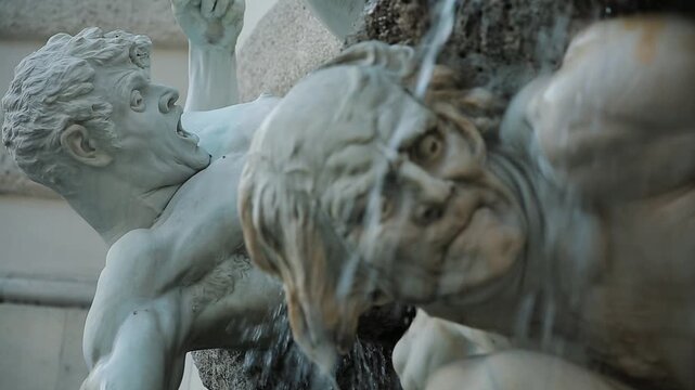 Detail of the Albrechtsbrunnen (Albrecht Fountain) in Vienna, featuring dynamic white marble sculptures of mythical figures and an eagle. A prominent landmark at the Hofburg Palace.

