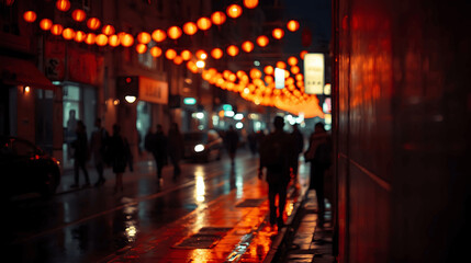 Fototapeta premium Chinese New Year street scene with red lanterns at night