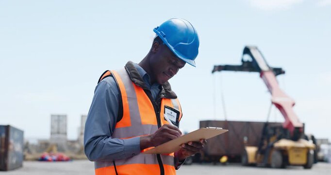 Man, distribution and clipboard at port, shipping or thinking with admin for supply chain management. African person, checklist and writing for logistics report, cargo or freight at harbor in Nigeria