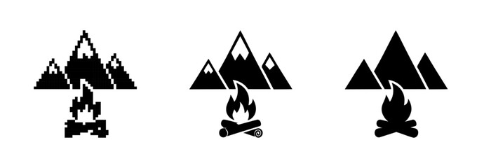 Naklejka premium Mountain and Campfire Symbol Set Represented with Pixelated and Smooth Geometric Designs