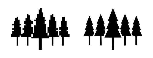 Stylized evergreen forest icon showing pixelated and geometric tree designs