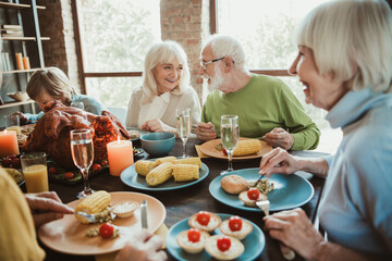 Funny holiday feast with grandparents and friends enjoying a big Thanksgiving dinner around a cozy sunlit table