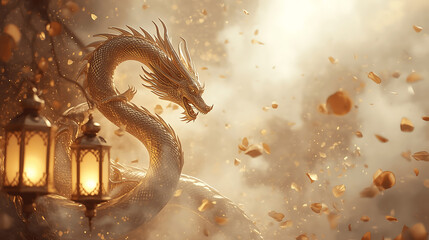 Golden Chinese dragon with lanterns and falling petals, perfect for banners