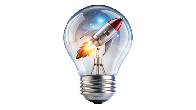 Rocket ship inside light bulb isolated on transparent background representing new ideas