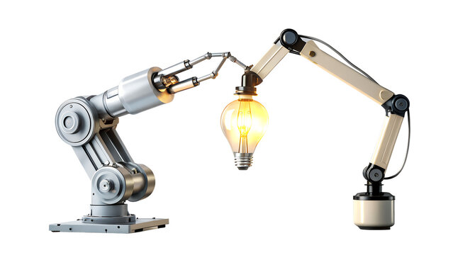 Robotic arm holding light bulb isolated on transparent background representing automation