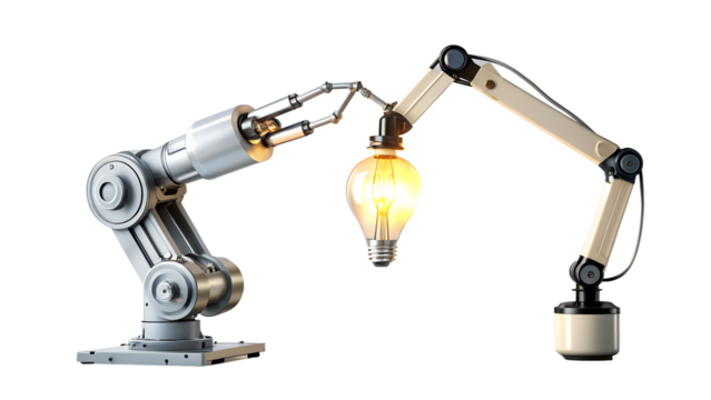 Robotic arm holding light bulb isolated on transparent background representing automation - Powered by Adobe