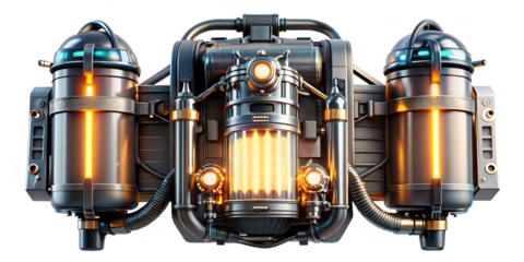 Advanced jetpack with glowing core isolated on transparent background, a symbol of technological progress