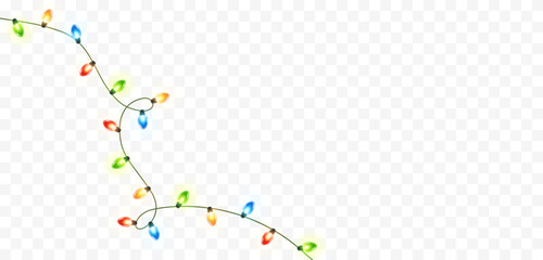 Lights bulbs for corner isolated on transparent background. Glowing fairy Christmas garland string. Vector New Year party led lamps decoration