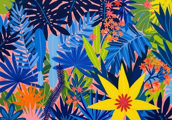Vibrant tropical foliage art bringing a playful, modern botanical aesthetic to any space with its rich colors and dynamic shapes