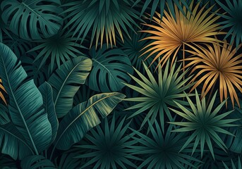Lush tropical foliage background with stunning golden palm fronds creating a vibrant, elegant botanical print for your designs