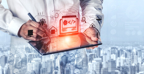 Modern web development concept featuring coding symbols, web development process, web development interface, and web development tools with futuristic design. Spline