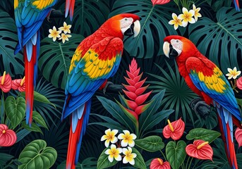 Stunning scarlet macaw parrots amidst lush tropical foliage, a vibrant and exotic jungle scene perfect for adding bold, natural beauty